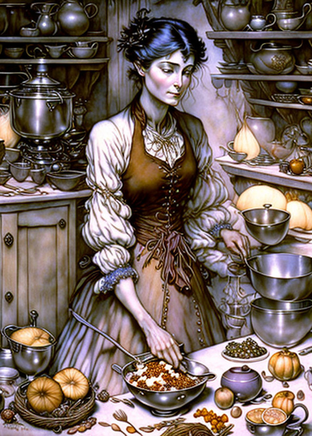 Victorian-era woman preparing food in a kitchen scene with pumpkins and nuts.