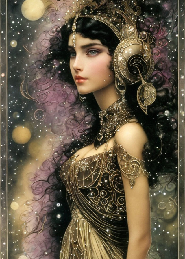 Dark-haired woman adorned in gold jewelry against cosmic backdrop