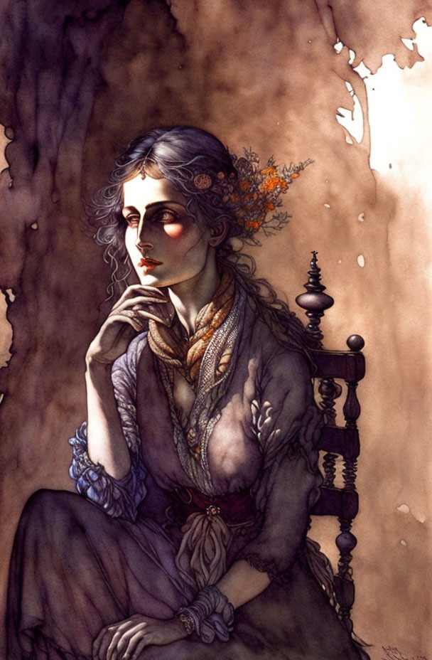 Illustration of pensive woman with grayish skin, red leaves in hair, intricate jewelry, and