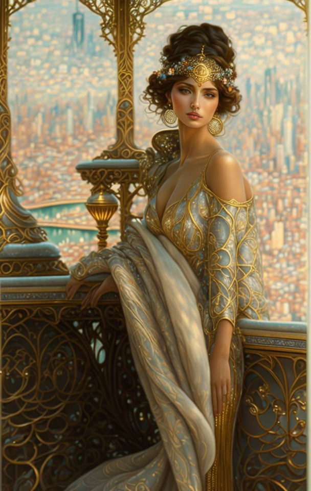 Woman in Golden Dress on Balcony Overlooking Cityscape