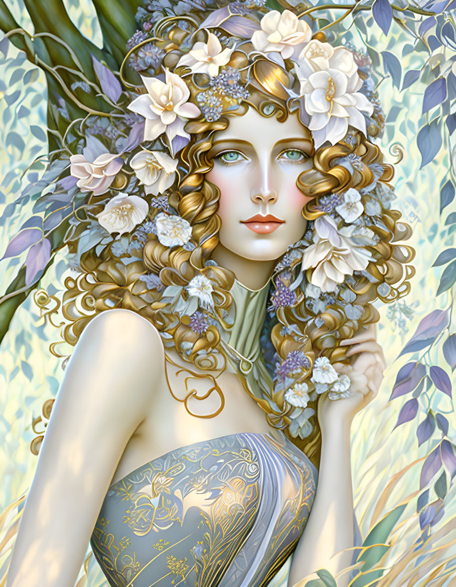 Digital artwork of female figure with golden curly hair, floral headpiece, blue eyes, leafy foliage