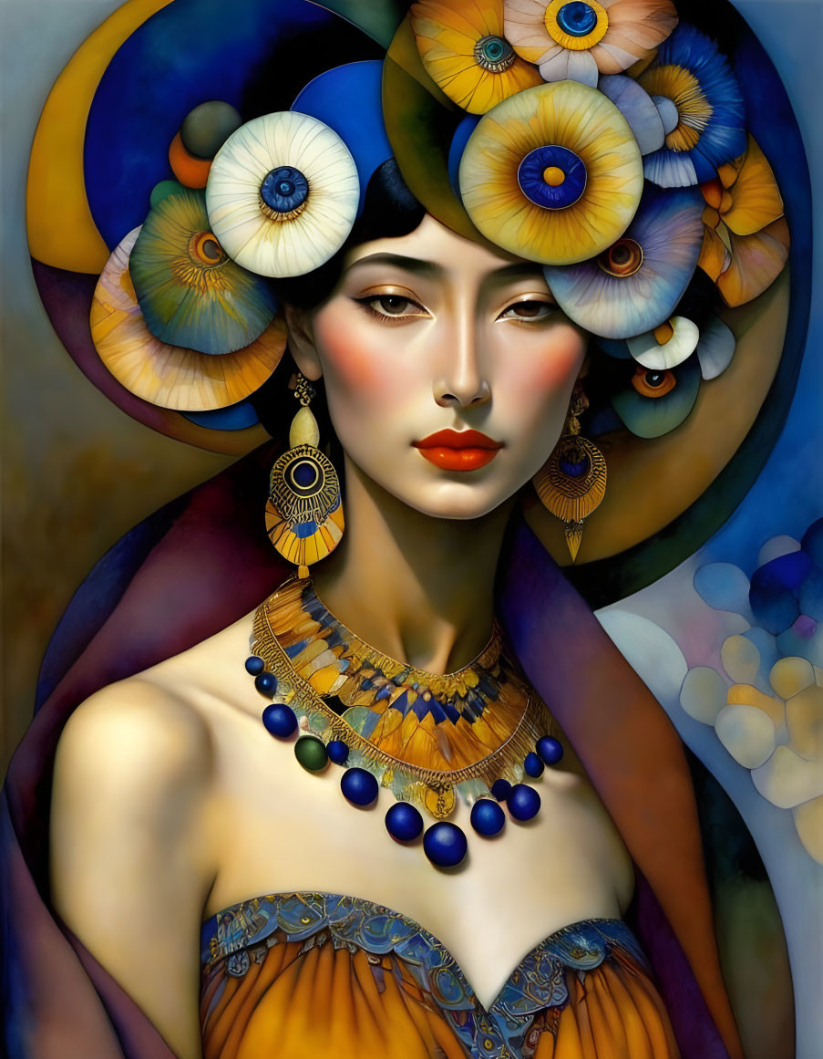 Colorful Flower Adorned Woman Portrait with Striking Makeup