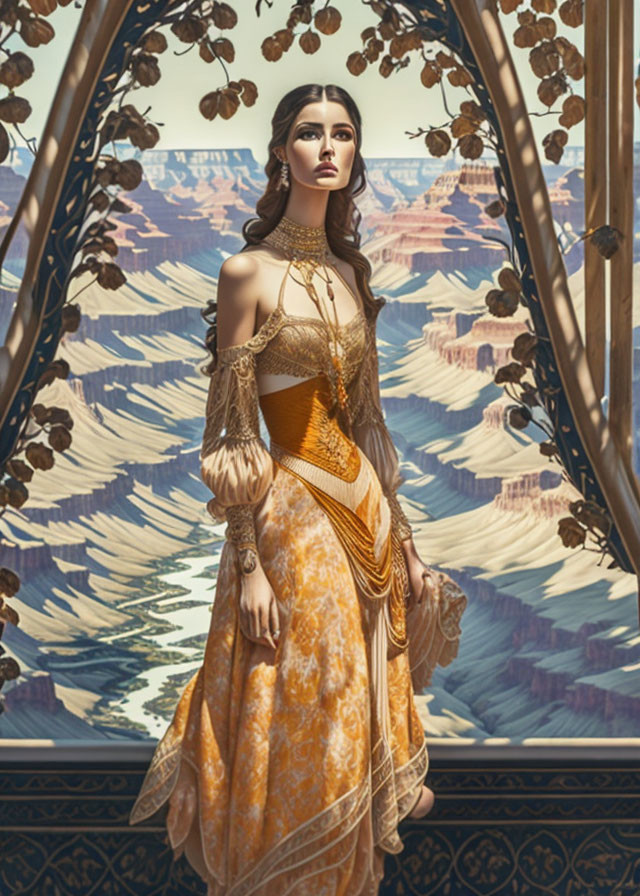 Medieval-style woman in gold and orange dress by ornate window