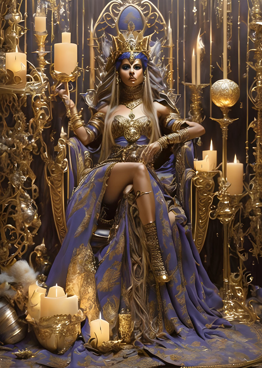 Regal figure in golden and blue attire on ornate throne with candles and lavish decor.