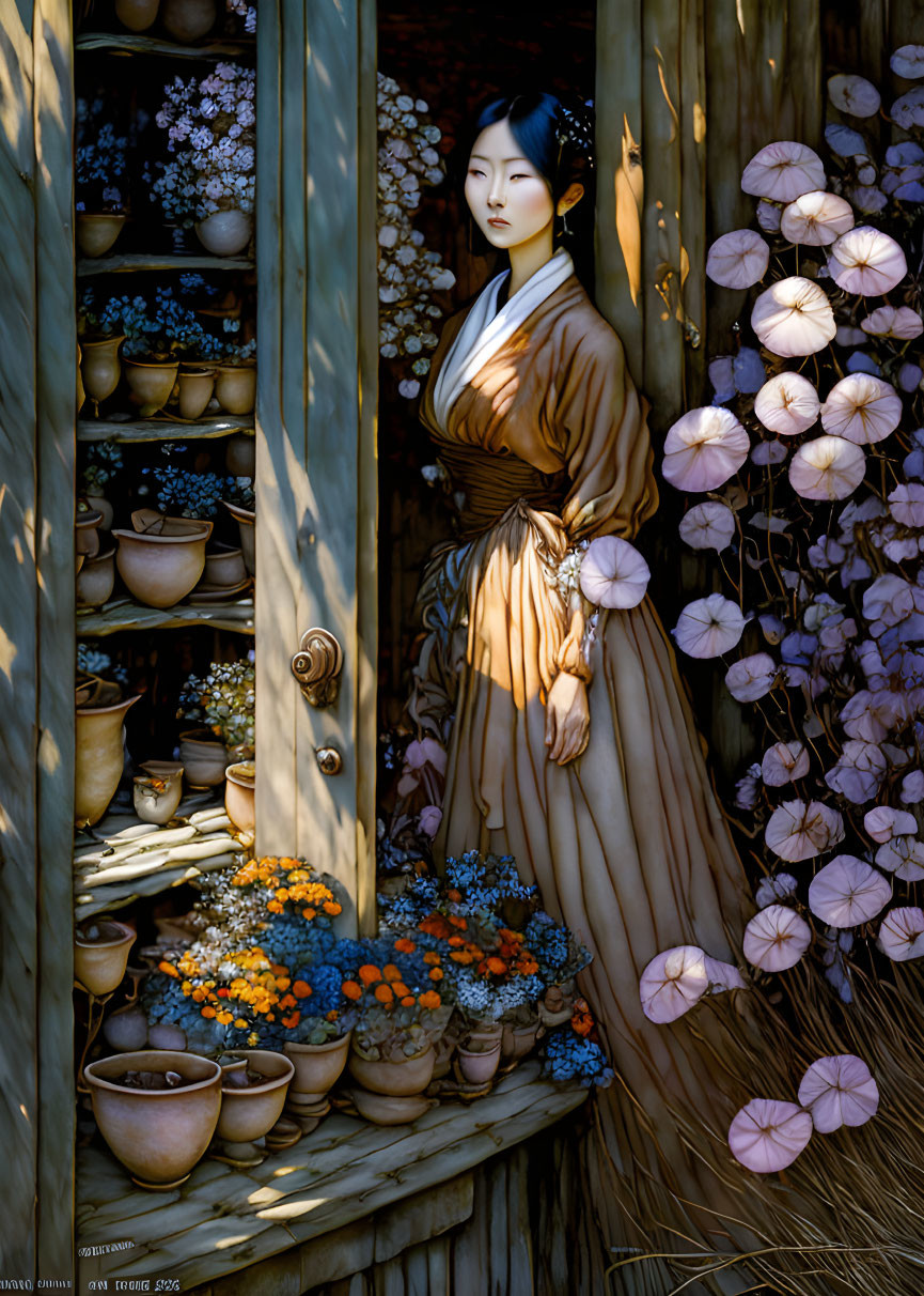 Traditional dress woman painting with flowers and pottery in doorway