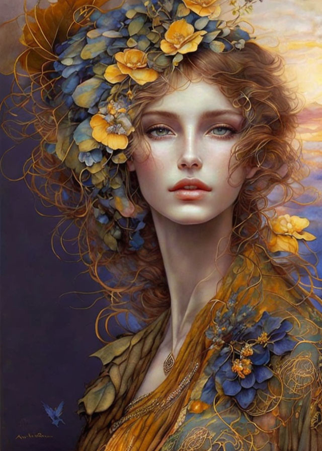 Illustration of woman with auburn hair and floral crown exuding ethereal vibe