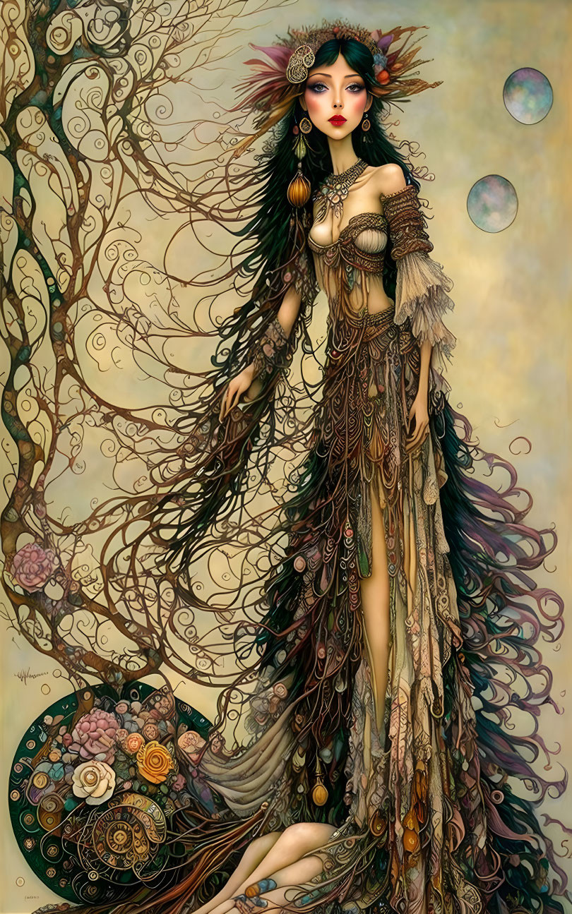 Ethereal woman in flowing garments with ornate accessories in fantasy setting