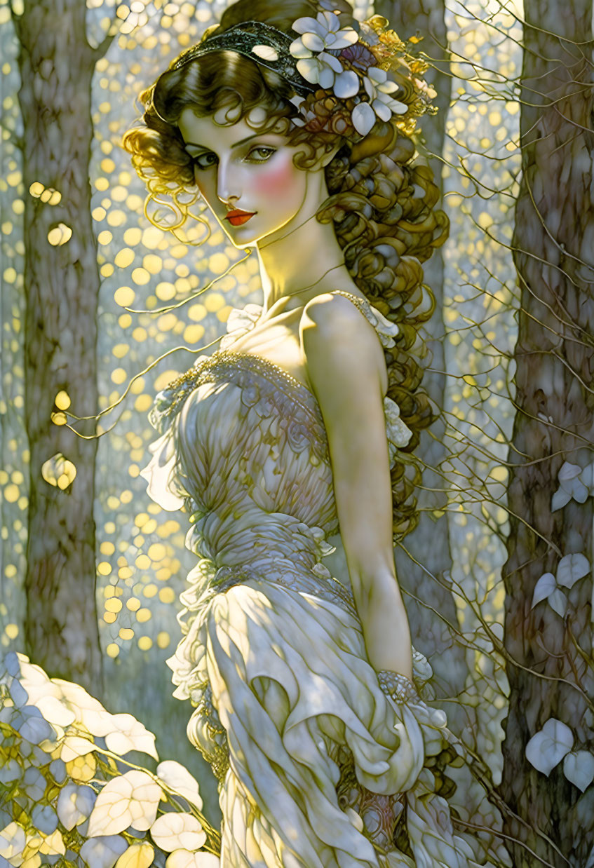 Curly-haired woman in floral gown in sunlit forest