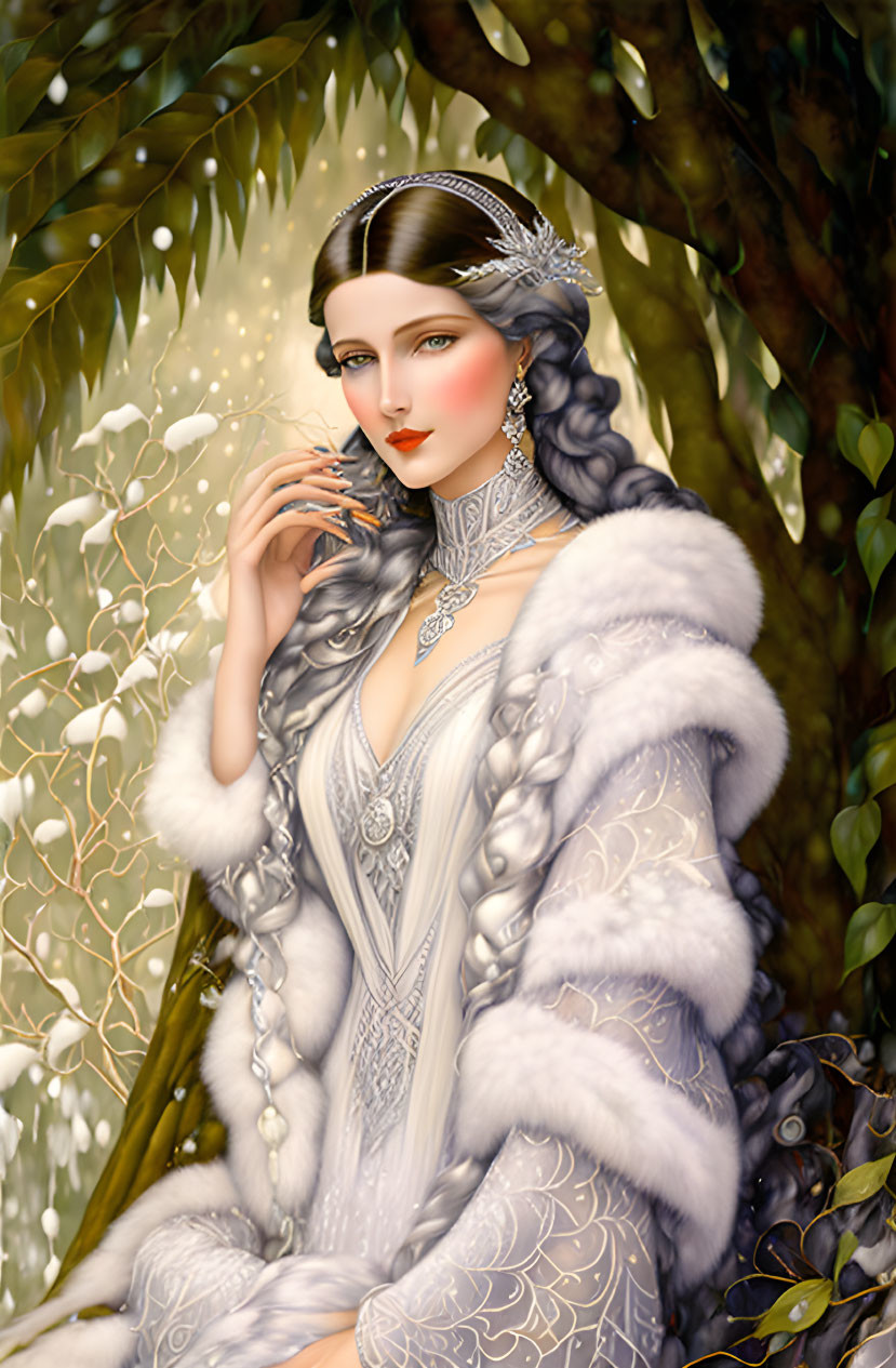 Elegant woman in tiara, white fur coat, jewelry, sitting under snowflake tree