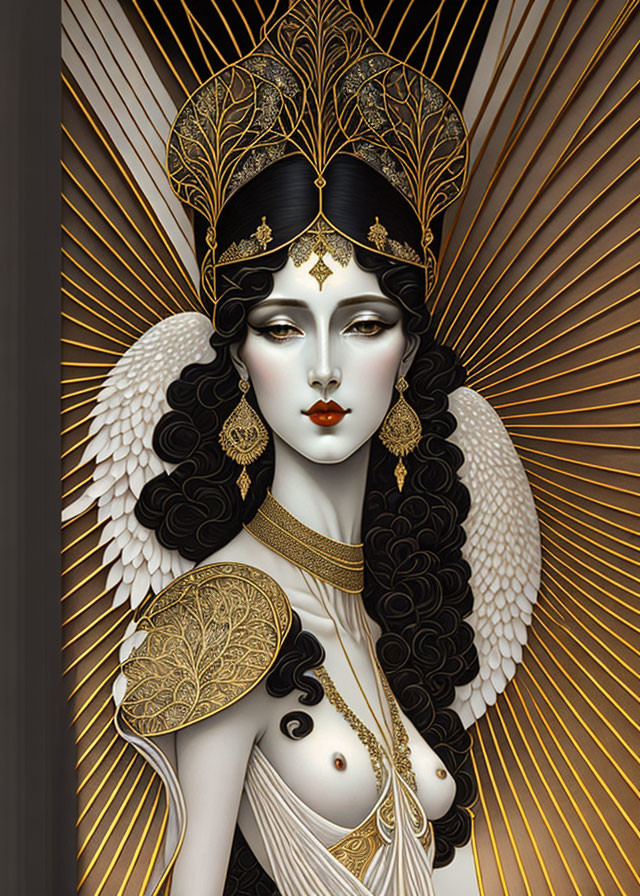 Woman with Golden Headdress and White Wings on Radial Background