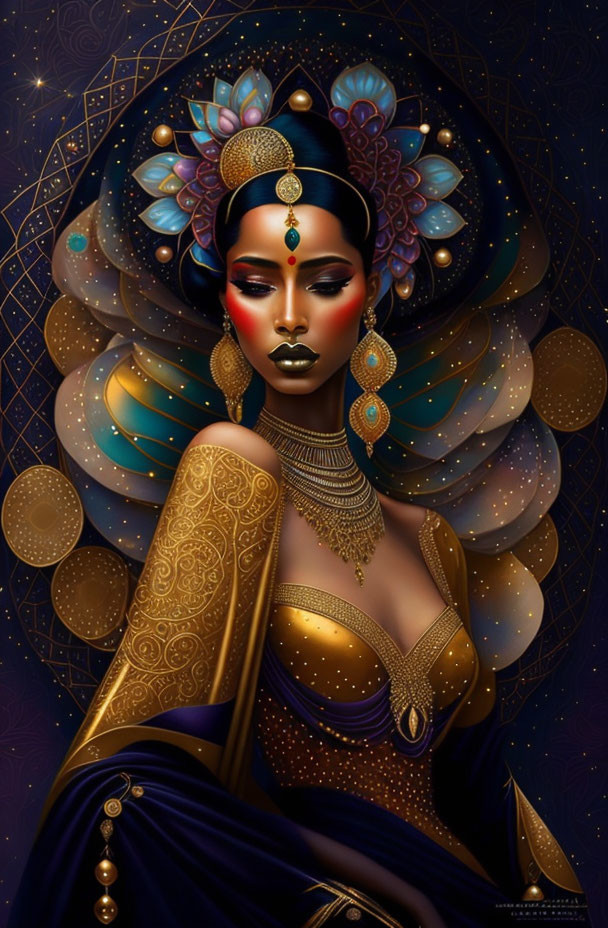 Illustrated portrait of a woman with celestial and Indian-inspired elements