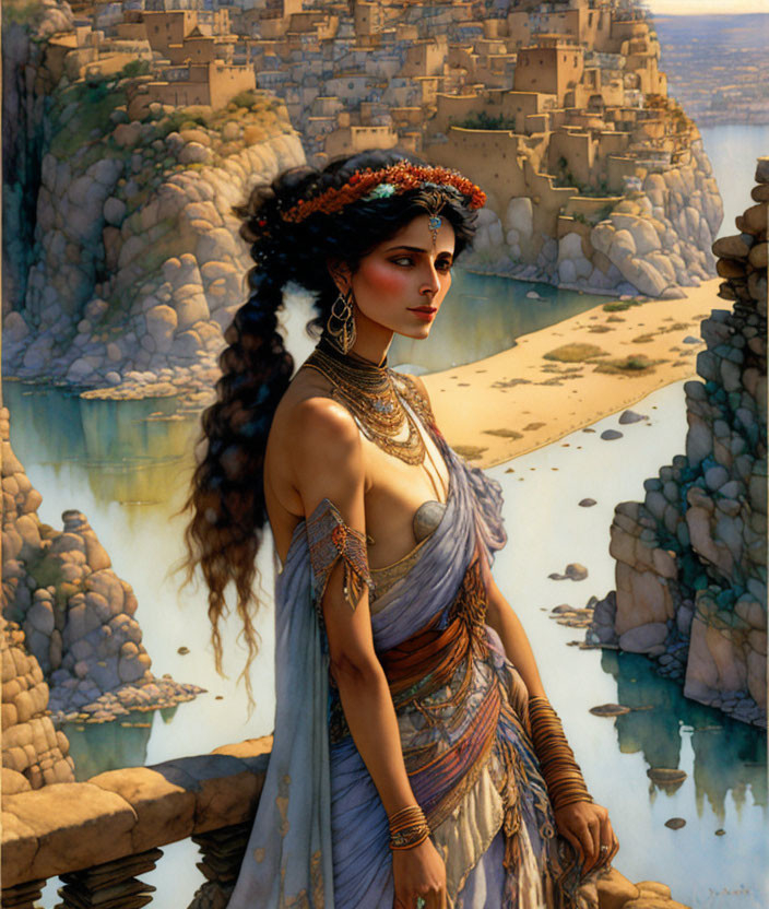 Historically dressed woman with headdress in front of ancient cityscape