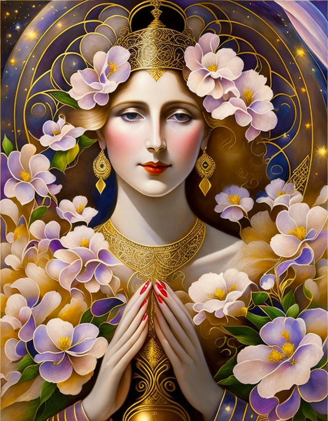 Serene woman with golden headdress among pink flowers