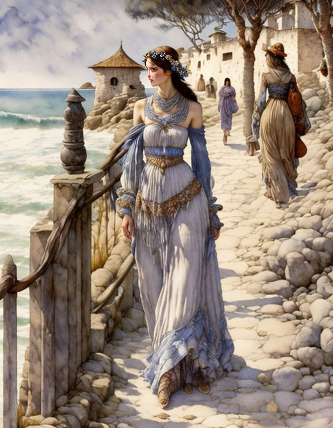 Woman in Grecian dress walking by coastal path