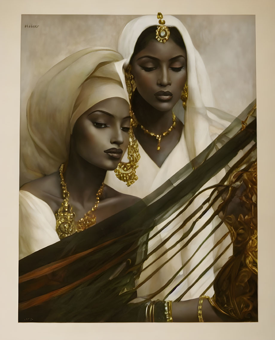 Traditional attire: Two women in elaborate gold jewelry and headscarves