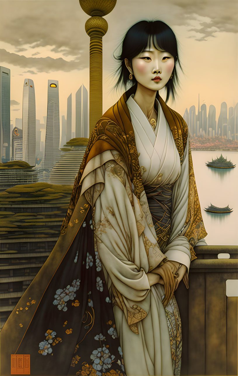 Stylized illustration of woman in traditional Asian attire before futuristic cityscape