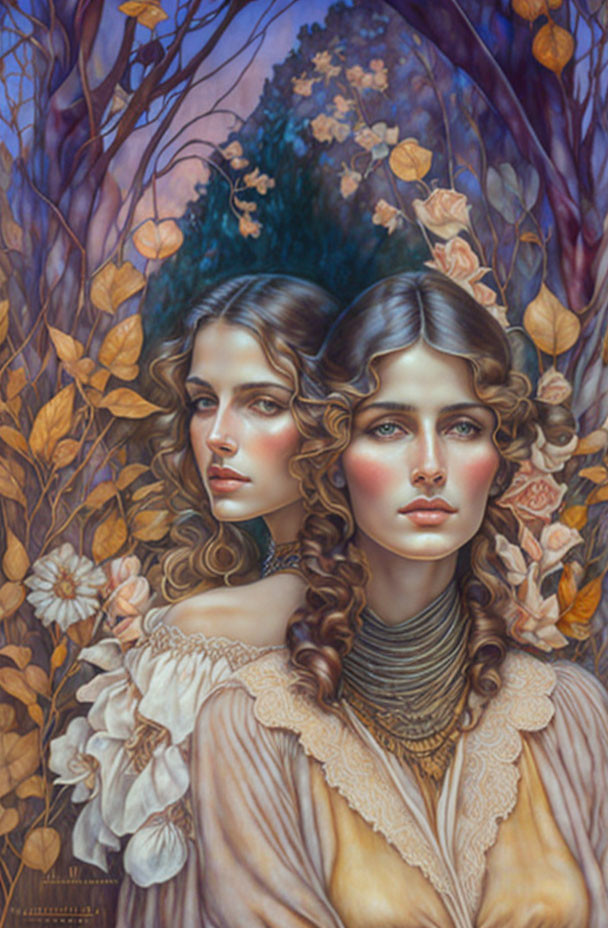 Detailed Digital Painting: Two Women in Pre-Raphaelite Style Amid Autumnal Flora