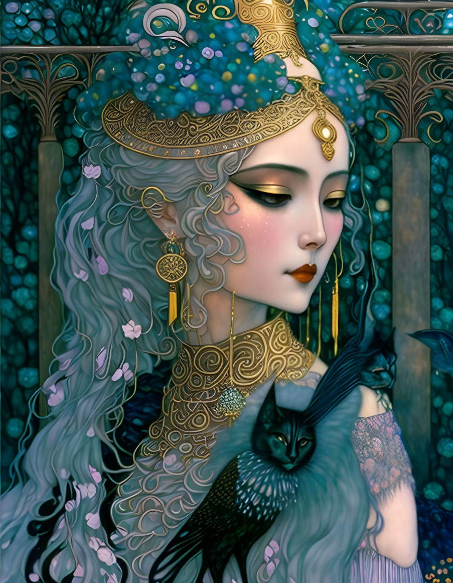 Illustrated woman with silver hair, gold jewelry, blue floral crown, holding black cat on teal backdrop