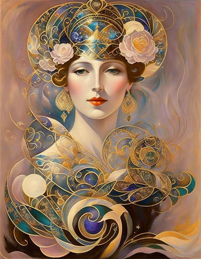 Art Nouveau Style Portrait of Woman with Elegant Jewelry and Decorative Headdress