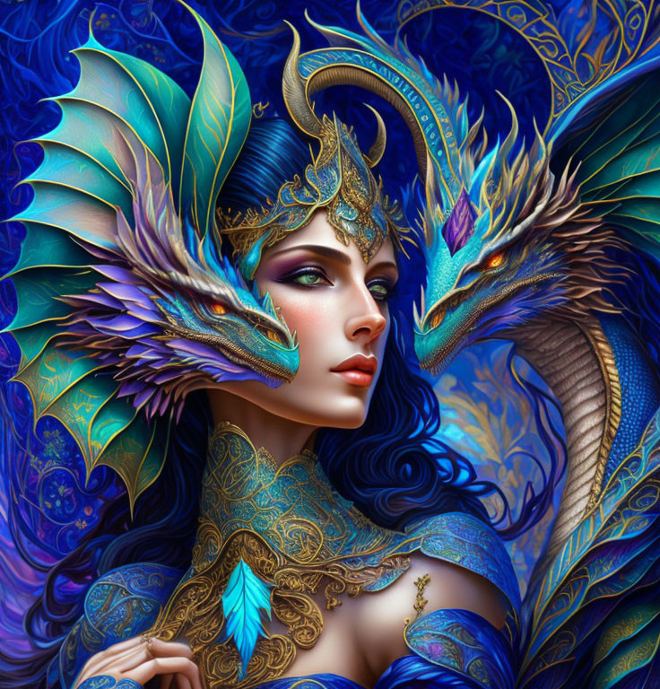 Fantasy art: Woman with blue skin and dragon-inspired adornments.