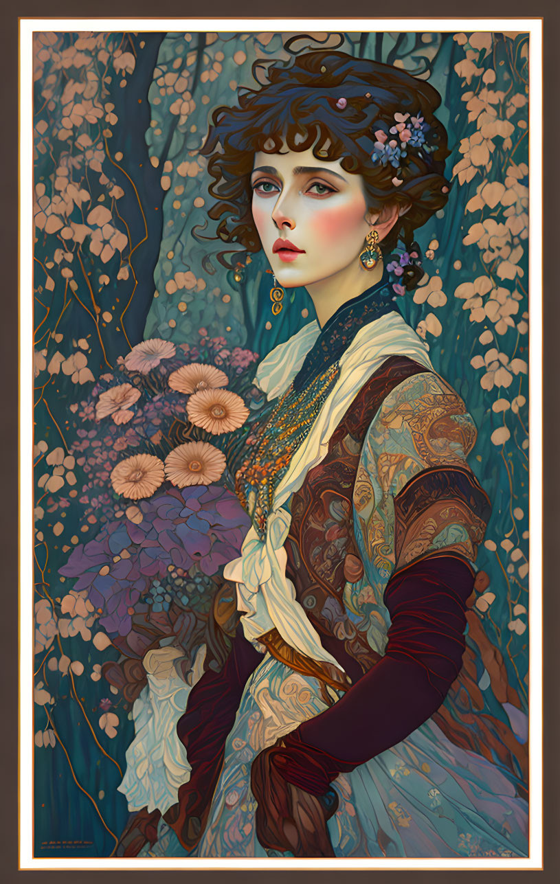 Woman with dark curly hair in Art Nouveau style illustration surrounded by blossoms and floral-patterned gown