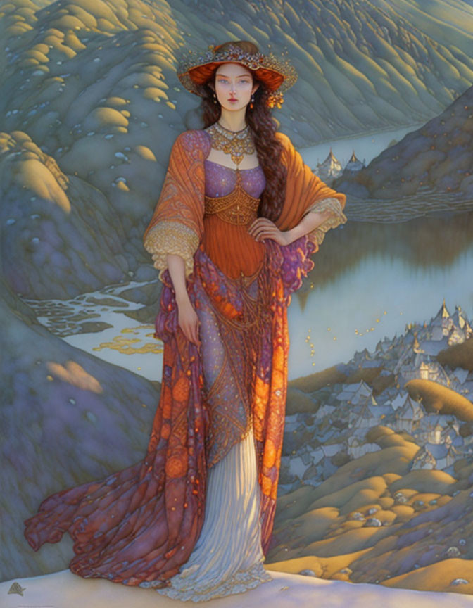 Portrait of woman in ornate orange dress with wide-brimmed hat against blue hills and reflective lake