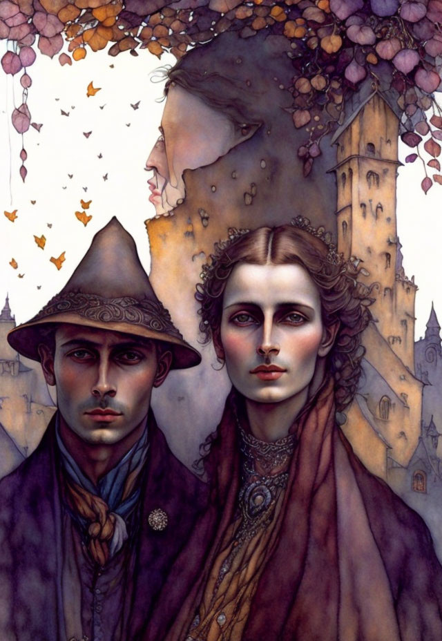 Illustrated portrait of man and woman in historical attire with castle tower and autumn leaves in background.