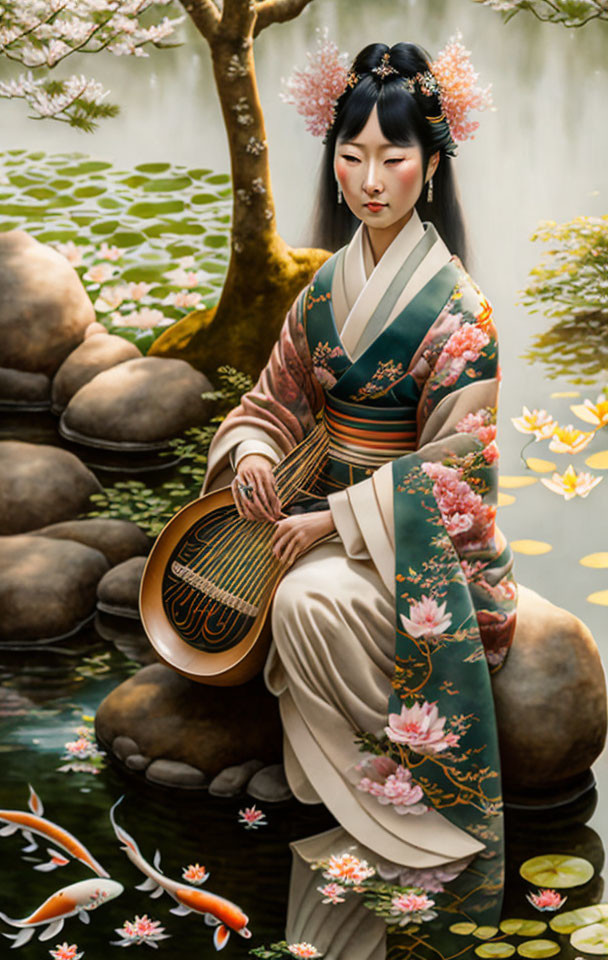 Traditional Attire Woman Playing Stringed Instrument by Calm Pond