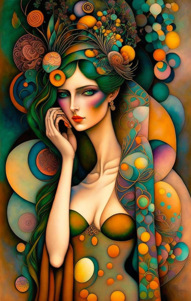 Colorful portrait of a woman with green hair and swirling fantasy patterns