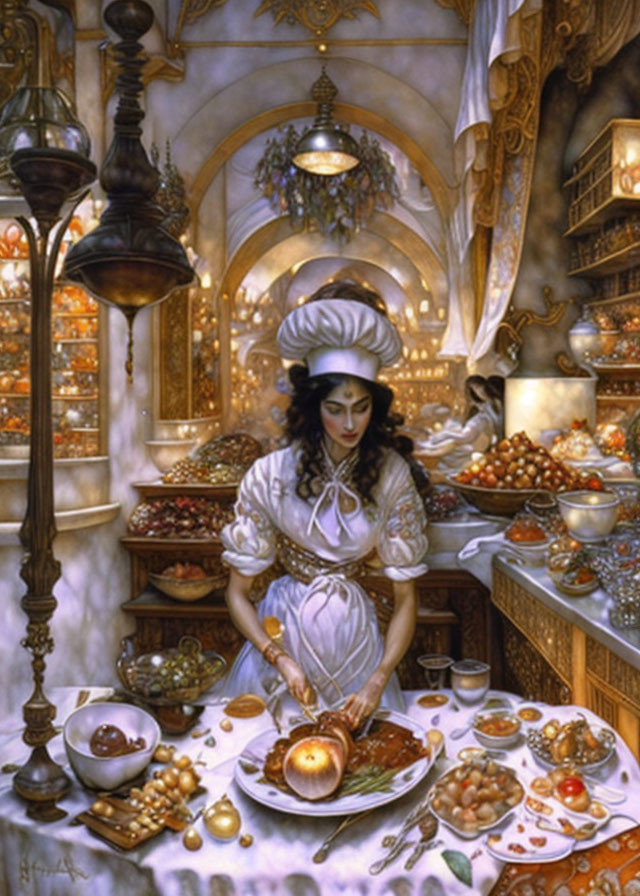 Fantasy kitchen scene with magical dish and rich decor