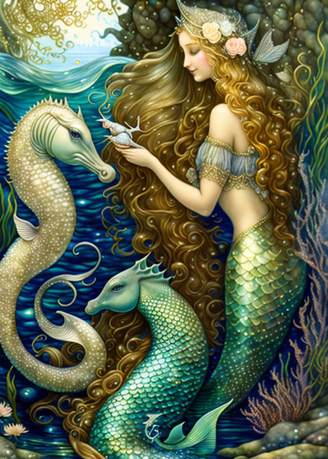 Mermaid with Long Flowing Hair and Seahorse in Vibrant Undersea Flora