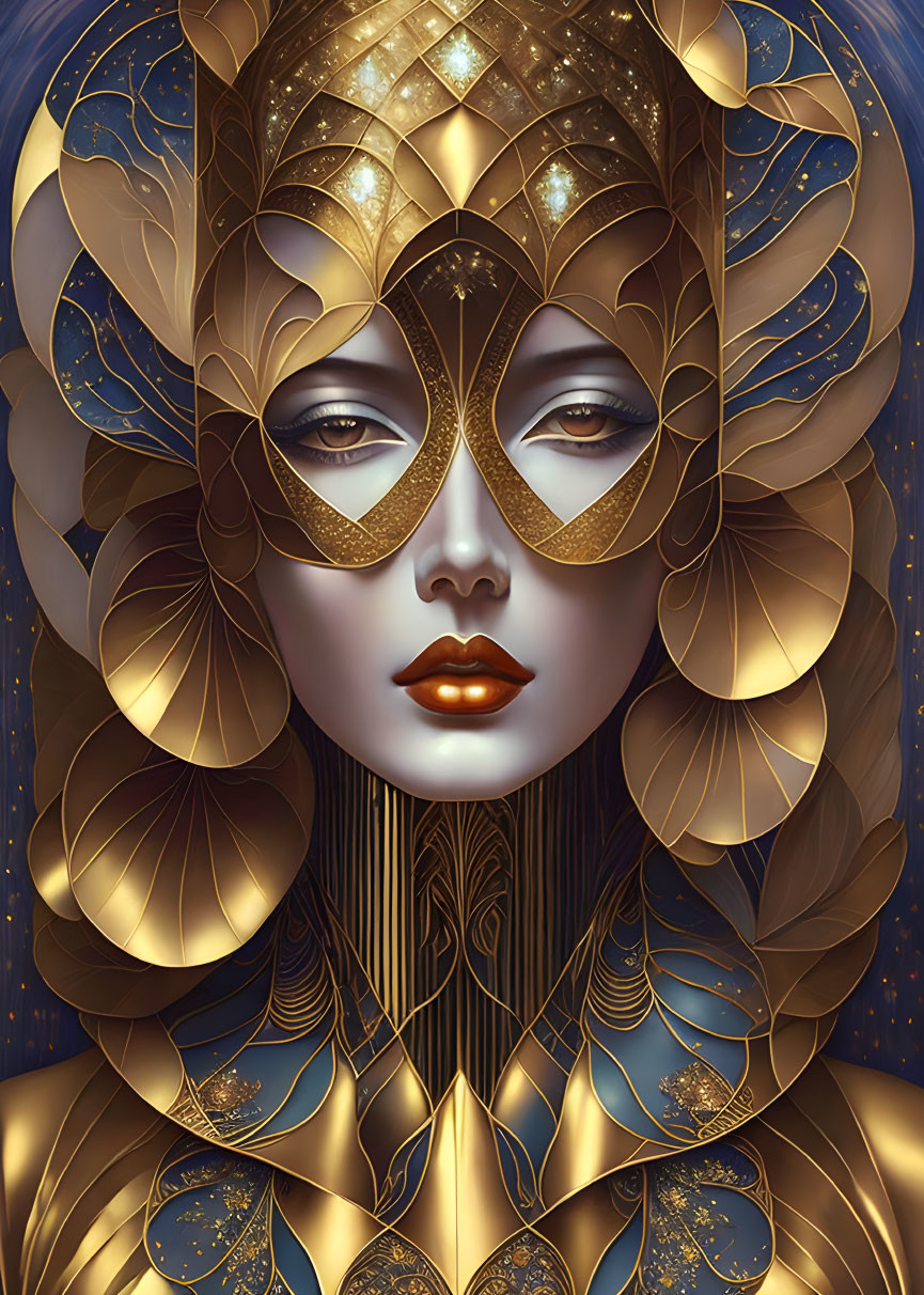 Illustrated portrait of woman with golden embellishments and mask on starry blue background