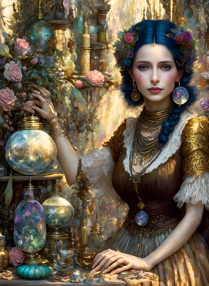 Woman in jewelry and floral headpiece in opulent vintage setting.