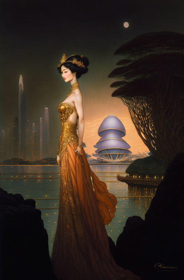 Golden dress and traditional headdress woman by serene lake with futuristic buildings at twilight