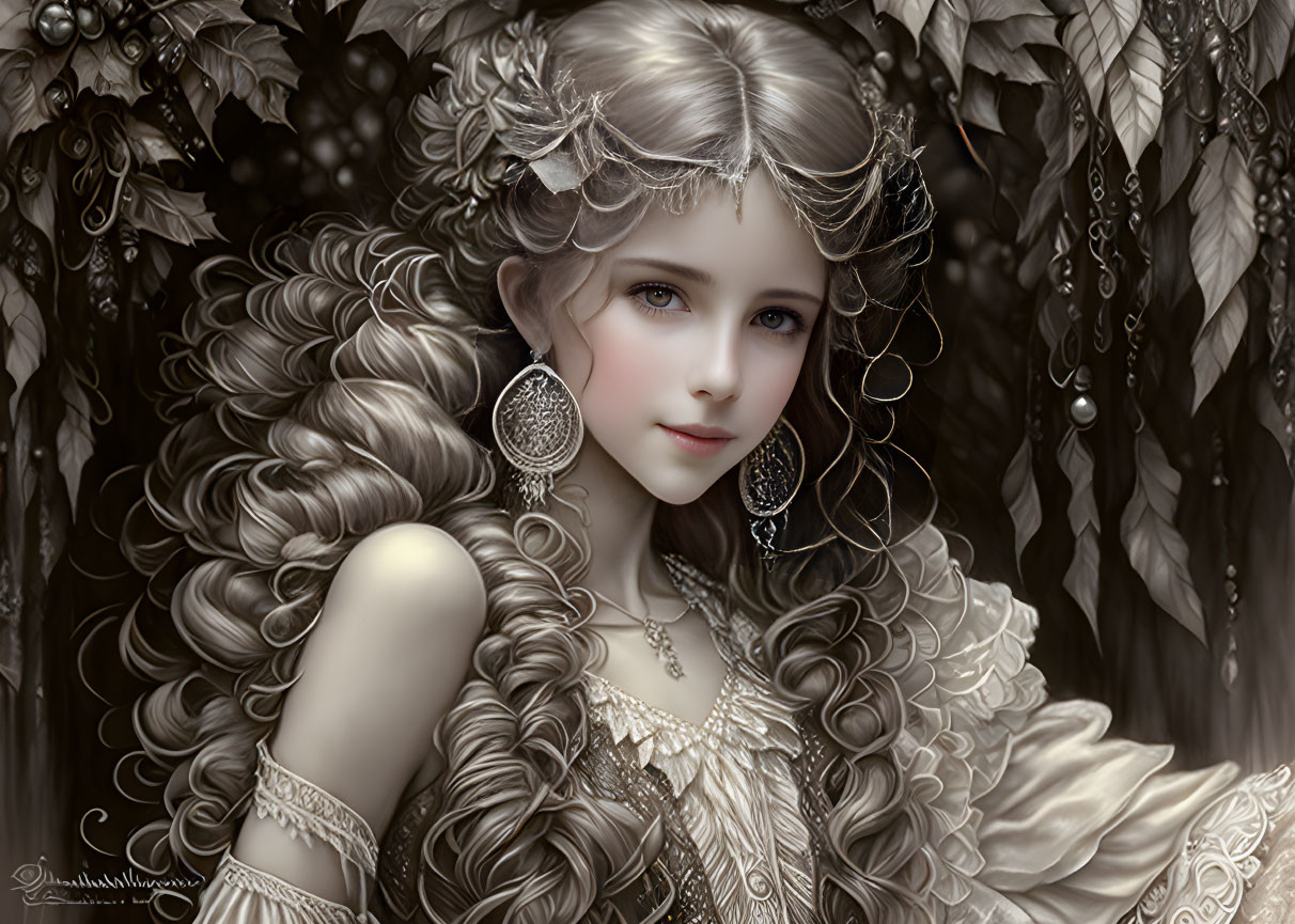 Young woman fantasy portrait with wavy hair, feathers, jewelry, and dark leaf backdrop