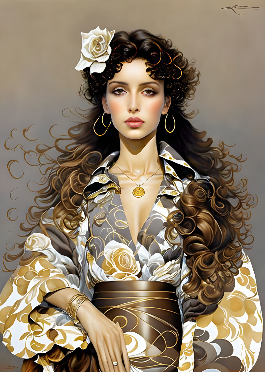 Stylized portrait of woman with long curly hair and floral dress