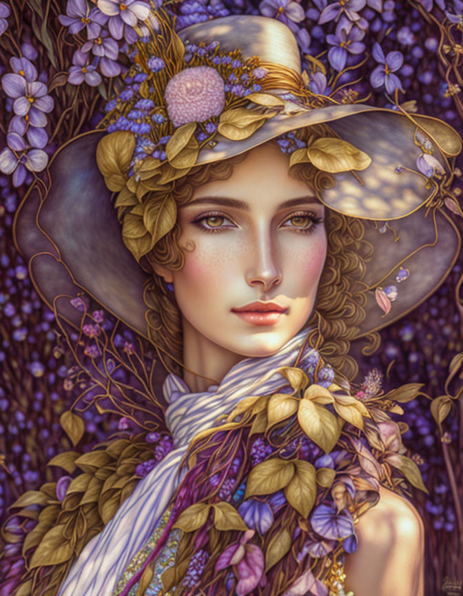 Illustration of Woman in Floral Hat with Purple and Gold Flowers