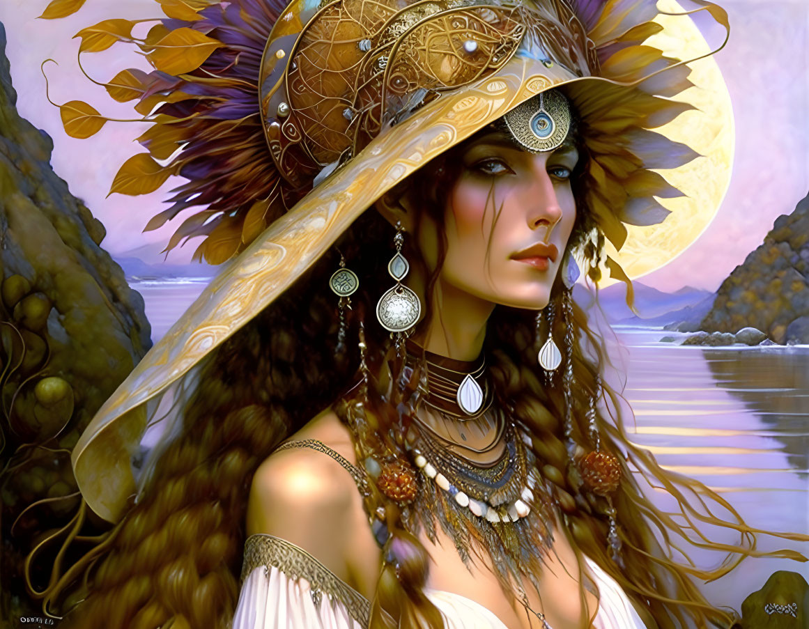 Illustrated Woman with Sun and Moon Headdress and Scenic Background