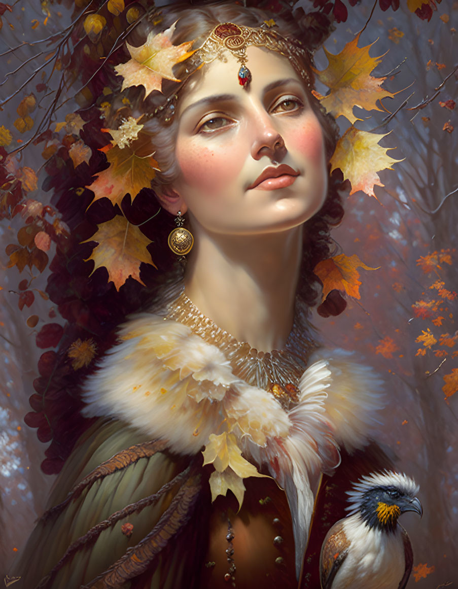 Regal woman with golden leaf crown in autumnal setting.
