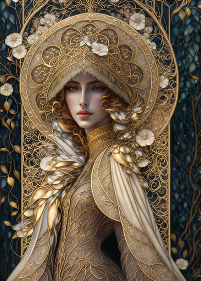 Illustrated woman in ornate golden attire against leafy backdrop.