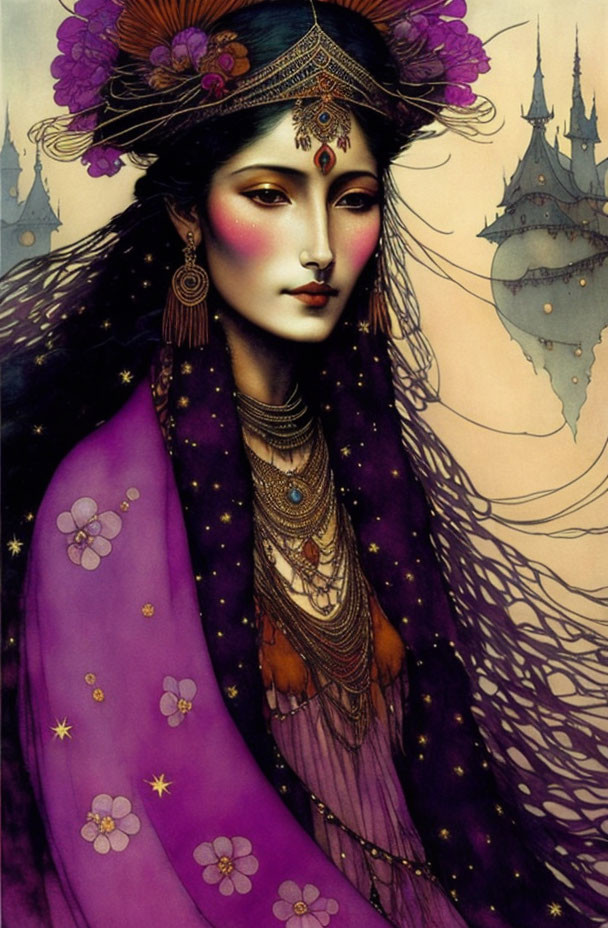 Illustrated woman in traditional attire with starry cloak and castle backdrop