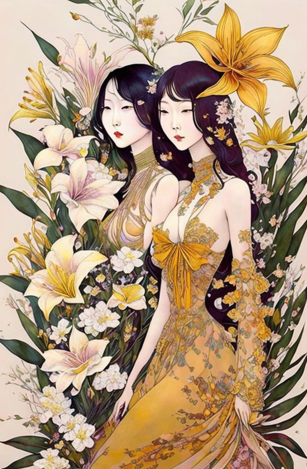 Ethereal women in yellow garments with floral adornments amid colorful flowers