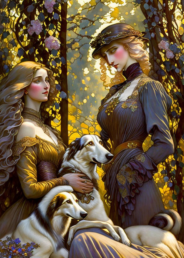 Vintage Attire Women with Dogs in Golden Forest Amid Hanging Blossoms