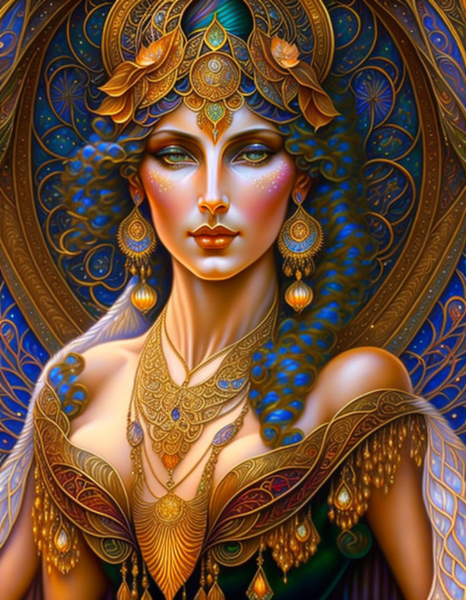 Intricate golden headpieces on woman against blue background