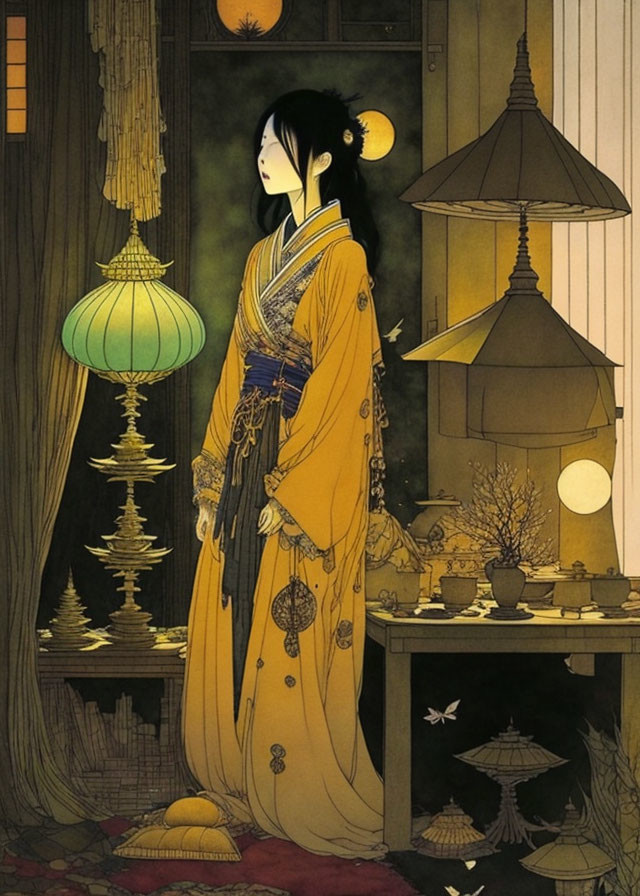 Traditional Japanese attire woman by lantern-lit window: serene illustration