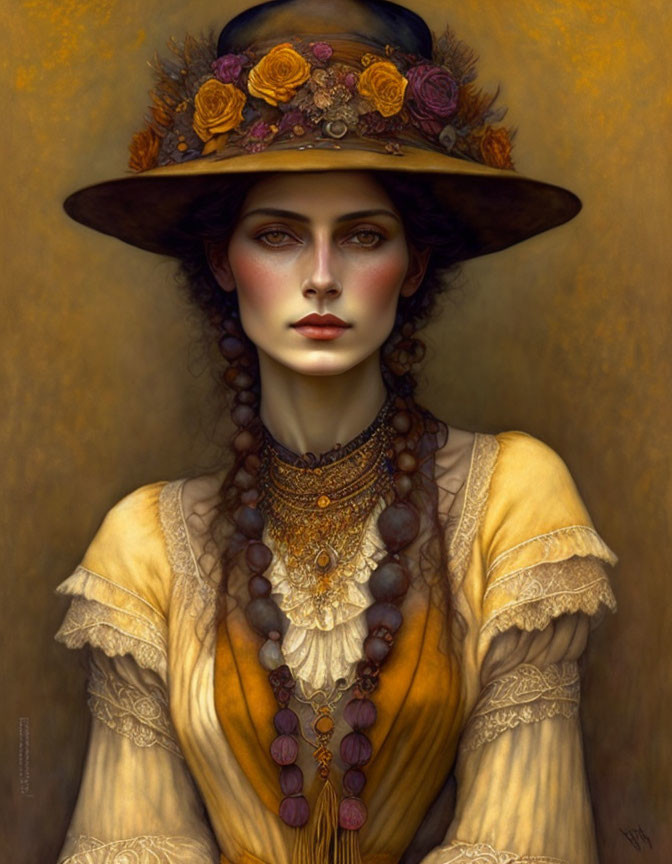 Woman in Ornate Flower Hat and Vintage Yellow Blouse Portrait