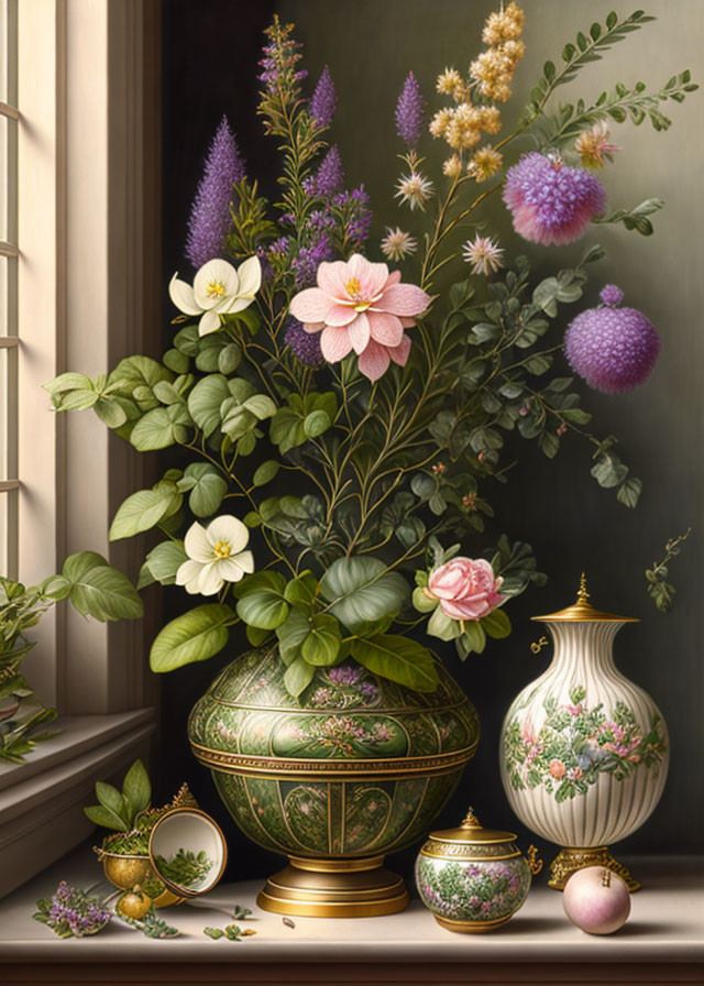 Floral arrangement in green vase with jug by window