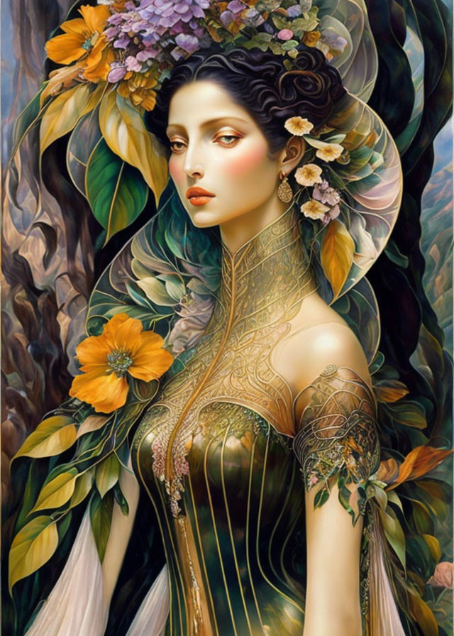 Detailed Artwork: Woman in Golden Gown with Floral Accessories