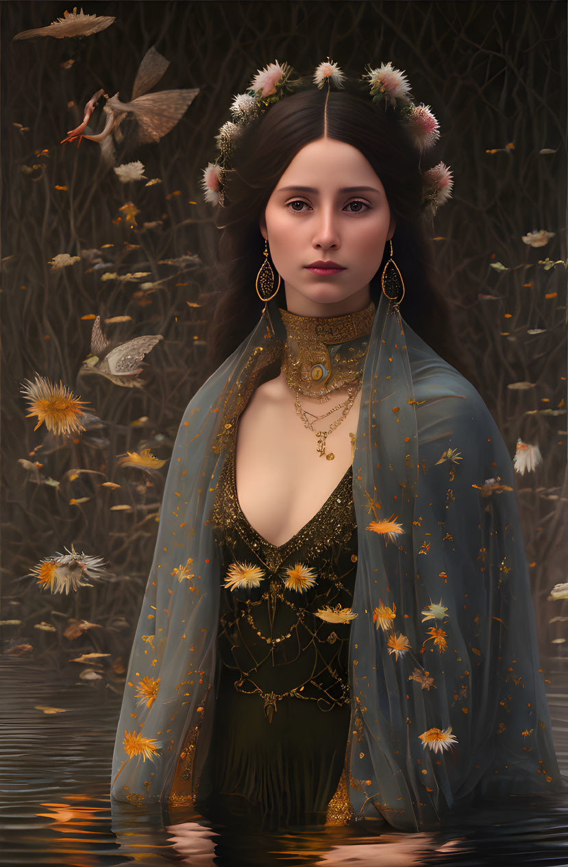 Woman wearing floral crown and embellished shawl stands in water surrounded by floating leaves