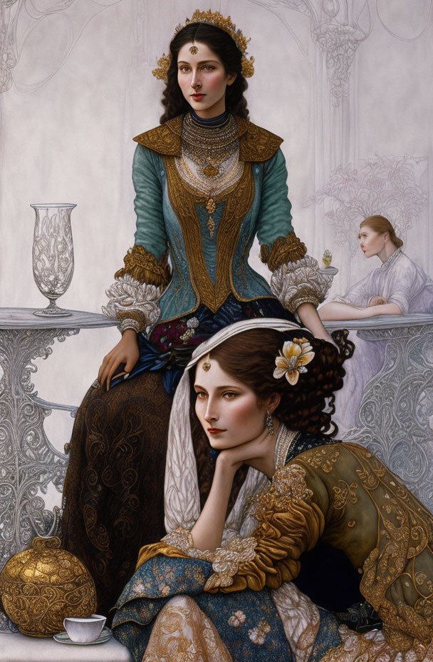 Two women in Renaissance-style dresses, one seated, one standing.